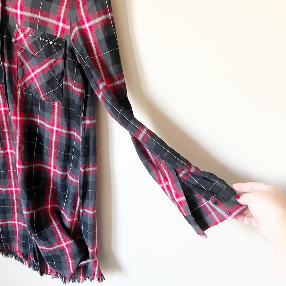 Zara Woman Premium Tartan Plaid Studded Pocket Fray Hem Shirt Dress Red Black XS - Picture 10 of 13